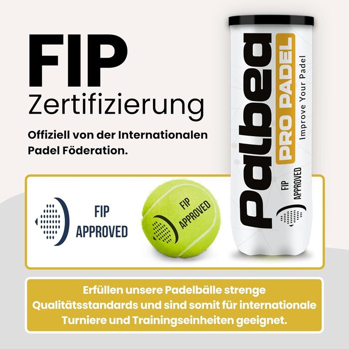 Palbea PRO Padel - М'ячі для падел-тенісу, сертифіковані FIP, преміум якість. Підходять для тренувань та турнірів. 1 картон x 6/12/24 туби.