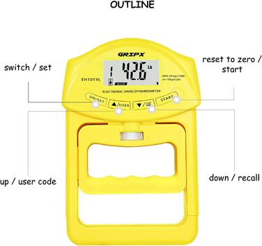 Електронний динамометр GRIPX для вимірювання сили стиску руки, 90 кг / 198 lbs (жовтий)
