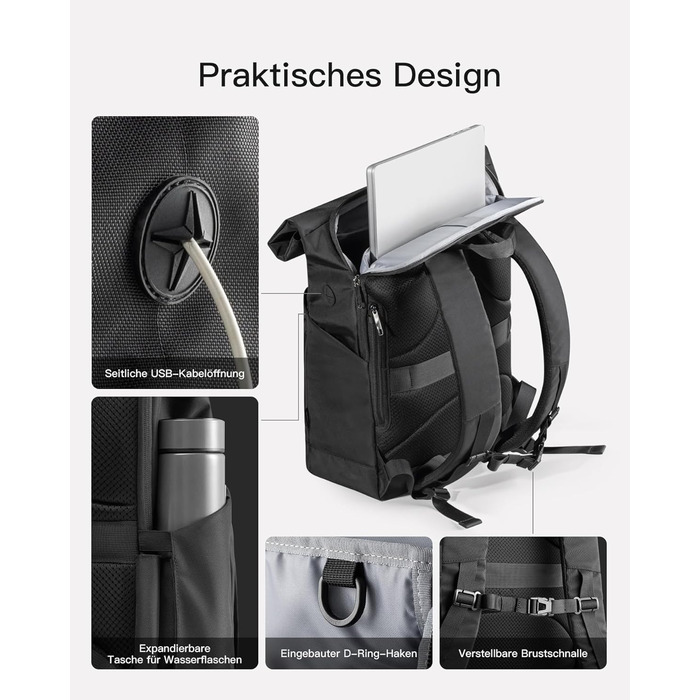 Рюкзак Inateck RollTop 25-30 л з відділенням для взуття, для ноутбука 17'' для чоловіків і жінок, чорний