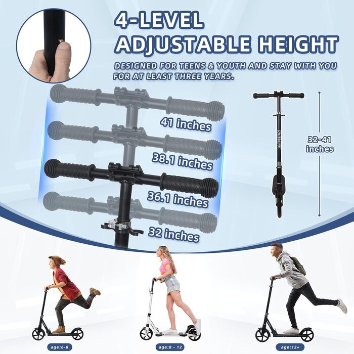 Самокат Nattork Kinder до 100 кг, складаний, великі колеса, для дітей від 6 років (Navy)