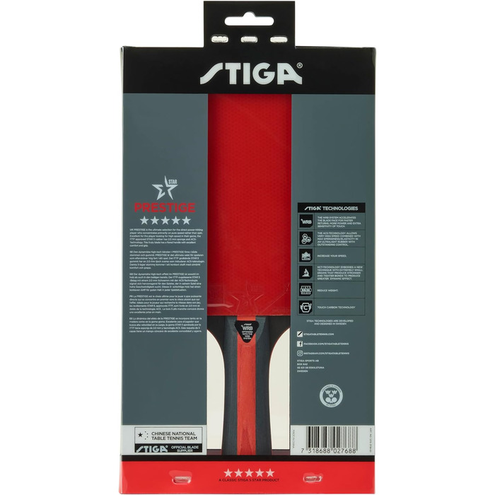 Тенісний ракетка STIGA Prestige 5-Star – професійна пінг-понгова ракетка з ITTF-сертифікованим покриттям, губкою 2.0 мм та технологією WRB – зручна ручка