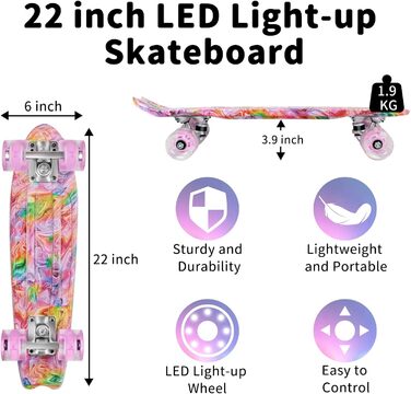 Скейтборд BELEEV 22 дюйми Mini Cruiser з LED-колесами та T-інструментом для початківців (графіті)