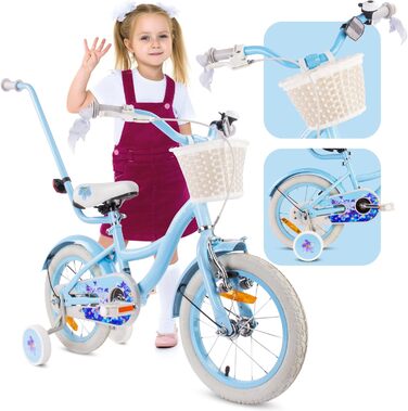 Дитяче велосипед Sun Baby Flower Bike для дівчаток, 16 дюймів, знімний ручка-штовхач, 2-6 років (Блакитний)