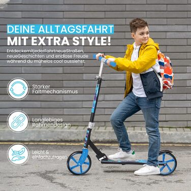 Дитячий трюковий самокат Habib Kickroller – складаний, з регулюванням висоти, великі колеса, до 80 кг, блакитний