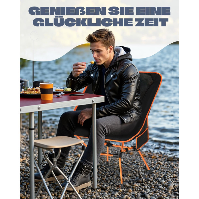 Складний туристичний стілець для кемпінгу з сіткою та кишенями, вантажопідйомність 150 кг, оранжевий