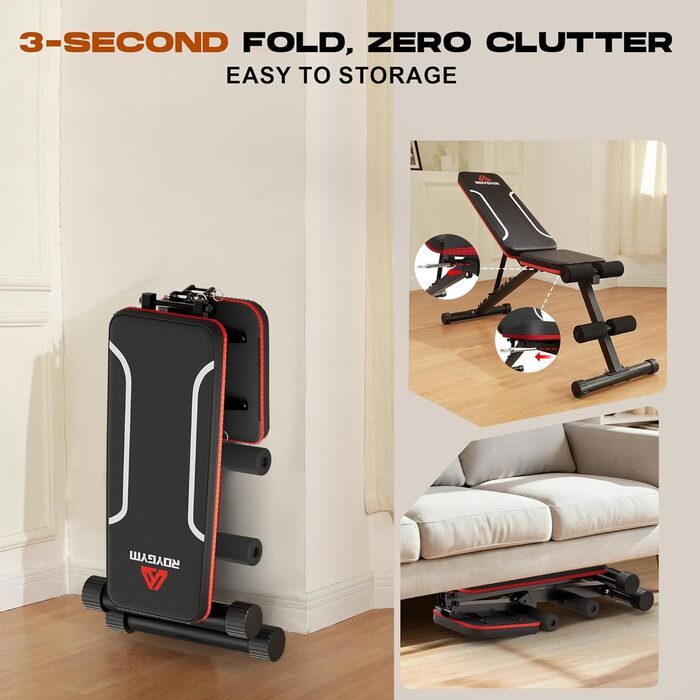 Складана лава для тренувань Roygym, мультифункціональна, з регульованою спинкою, для загальної фізичної підготовки, витримує до 400 кг, чорно-червона