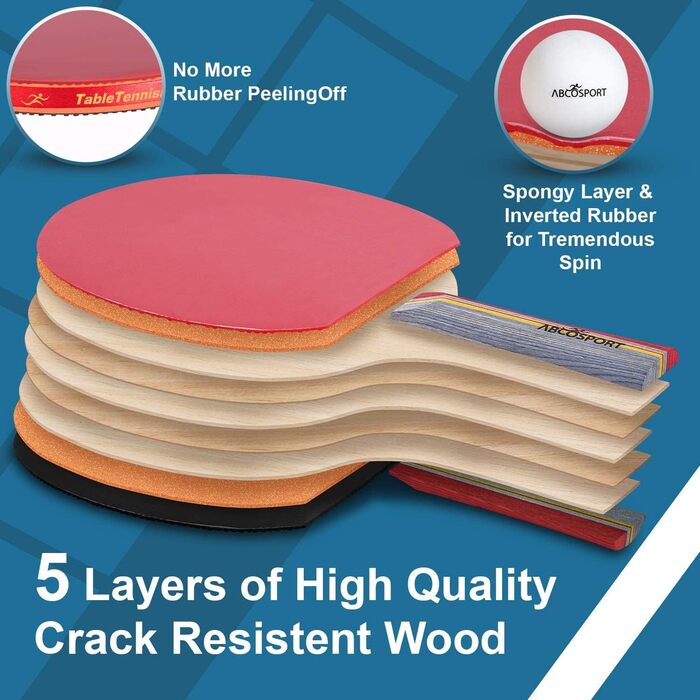 Набір для настільного тенісу Abco Tech: 4 ракетки з м'яким гумовим покриттям та 6 м'ячів, для професійних та аматорських ігор, 2-4 гравці