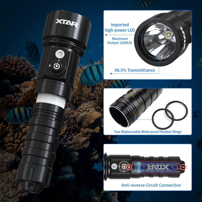 Ліхтар Xtar D26 для підводної фотографії, 1100 Lm, водонепроникний до 100 м, з бічним перемикачем