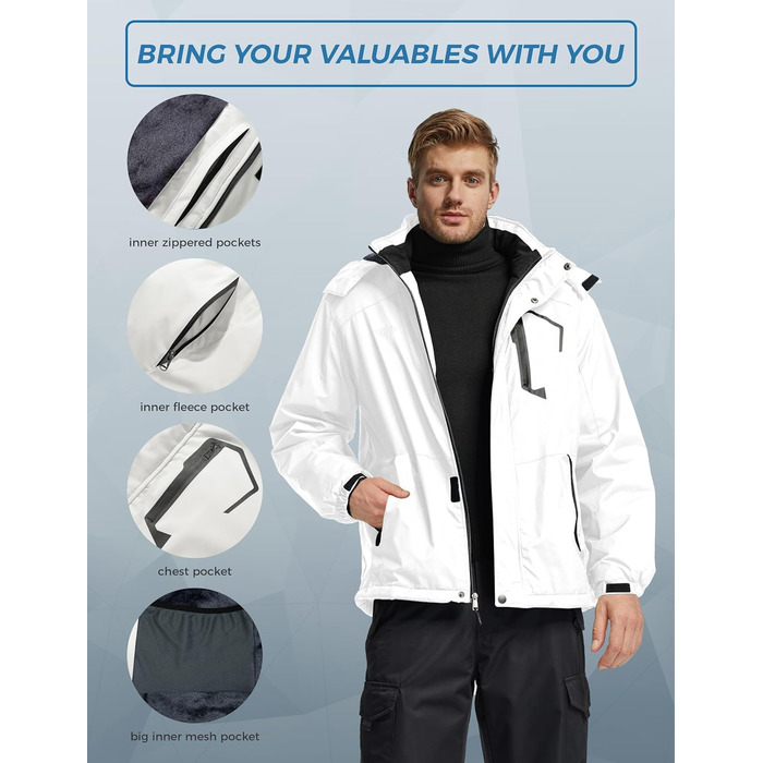 Чоловіча гірськолижна куртка Wantdo з флісовою підкладкою, водонепроникна та дихаюча, для активного відпочинку, з капюшоном, вітрозахисна, розмір XXL