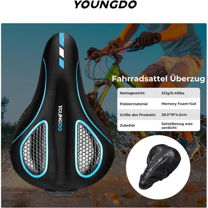 Накидка на велосипедне сідло YOUNGDO, ергономічна гелева накладка, м'яка та комфортна з захистом від дощу, для жінок та чоловіків (блакитна, вузька)