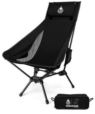OneTigris TIGERBLADE складаний туристичний стілець з високою спинкою, 170 кг, легкий, з трикутним каркасом, з 2 кишенями, для відпочинку на природі, риболовлі, пікніків (Чорний)