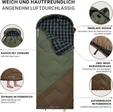 Сплячий мішок KingCamp Flannel для дорослих, 3-4 сезони, ультралегкий, бавовна, теплий, ковдровий, водонепроникний, для кемпінгу (зелений/коричневий, L, блискавка)