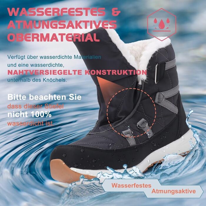 Зимові черевики VisionReast для чоловіків та жінок, утеплені, непромокаючі, трекінгові, для походів, з антиковзкою підошвою, на липучці (37 EU, Чорний)
