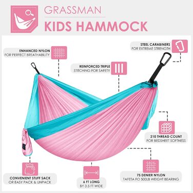 Дитяча гамак для кемпінгу Grassman – портативна гамак для дівчаток та хлопчиків, рожева та блакитна