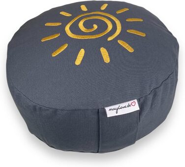 maylow Yoga mit Herz® Медитаційна подушка 'Surya' Сонце, з вишивкою, знімний чохол, наповнювач з органічної лузги спельти, персоналізація, сіро-кам'яний
