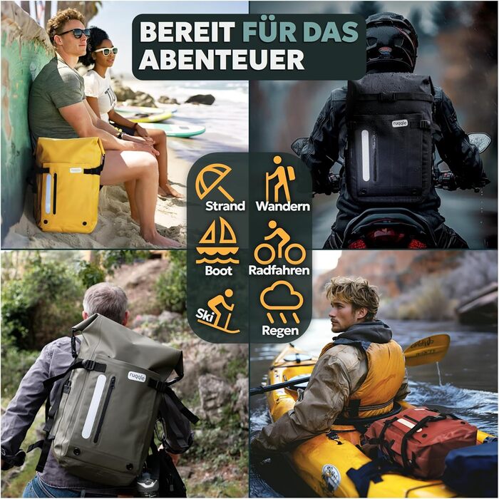 Водонепроникний рюкзак Ruqqle 45 л, RollTop, 3 зовнішні кишені, для пляжу, човнів, каяків, подорожей, кемпінгу, риболовлі та мотоциклів (Блакитний)