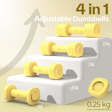 Sportneer Регульовані гантелі для жінок - комплект 2 шт. (вага 1-2.5 кг) з антиковзним TPU-покриттям, 4-в-1 комплект гантелей для фітнесу вдома, домашній спортзал та силові тренування (жовтий)