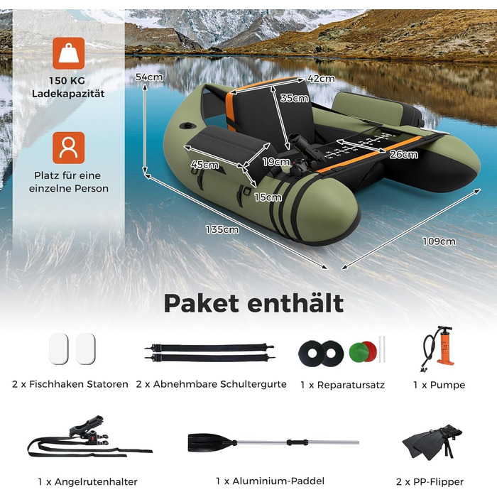 Надувне човен FANTASK для риболовлі з насосом, веслами та ременями, bellyboat для дорослих, 150 кг, 135 x 109 x 54 см (зелений)