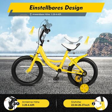 Дитячий велосипед 16 дюймів для дітей 5-8 років (105-135 см), міцний сталевий велосипед з додатковими колесами, регульоване сидіння та кермо (жовтий)