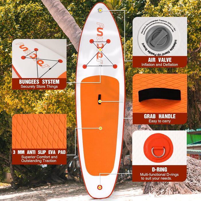 Надувний SUP-борд FunWater 320CM – комплект: весло, рюкзак, 3 ласти, насос, лінь – для початківців та досвідчених райдерів, 10'6, Orange/Weiß