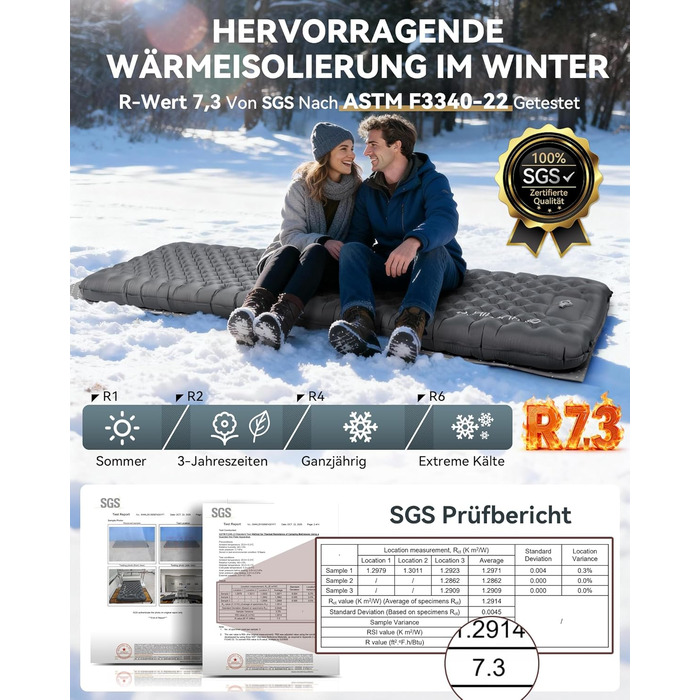 Килимок для кемпінгу HIKENTURE R-Wert 7.3 з ножною помпою, 10 см товщини, 210x64 см, 4 пори року, для туризму та наметів