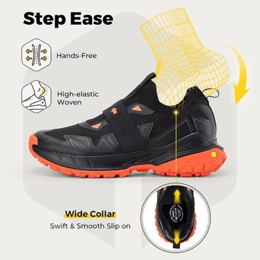 Черевики для хайкінгу FitVille для чоловіків, широкі, трекінгові, slip-on, outdoor, дихаючі, для ходьби, з антиковзкою підошвою, вільні кросівки (45 EU X-широкі, чорно-помаранчеві)