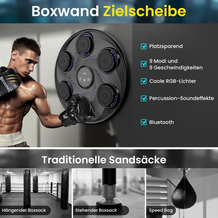 Електронний боксерський тренажер LeuKoles 2025 з Bluetooth, LED підсвічуванням, музикою та рукавичками, настінний, 9 швидкісних режимів, лічильник ударів