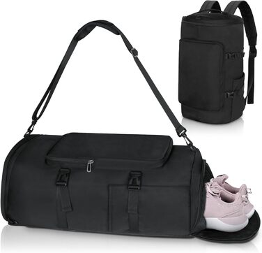 Спортивна сумка для чоловіків та жінок, 30-58L. Рюкзак, невелика сумка з відділенням для взуття та мокрих речей. Ідеальна для плавання, спорту, йоги, футболу (Чорний)