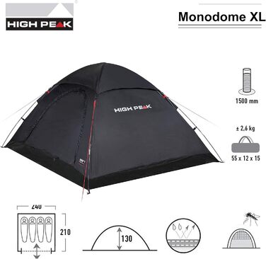 Купол-намет High Peak Monodome XL: намет для кемпінгу на 4 особи, іглу, фестивальний намет з підлогою, чорний