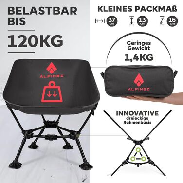Складний туристичний стілець Alpinez: легкий, регульований по висоті, компактний | для кемпінгу, риболовлі, пляжу. Зелений (Чорний)