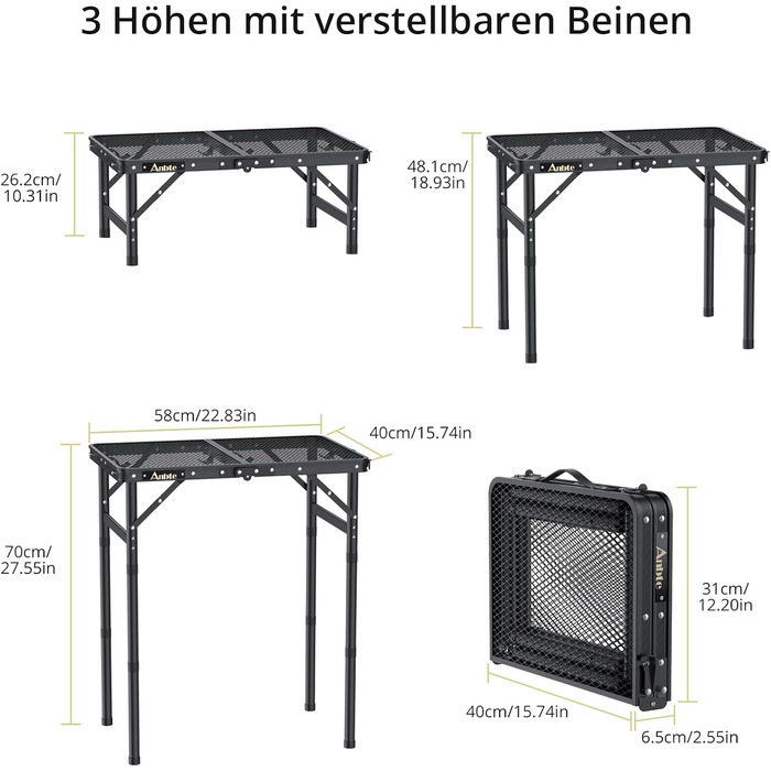 Стіл для кемпінгу Anbte Grilltisch 58x40 см, металевий, регульована висота (26/48/70 см), алюмінієвий каркас, чорний