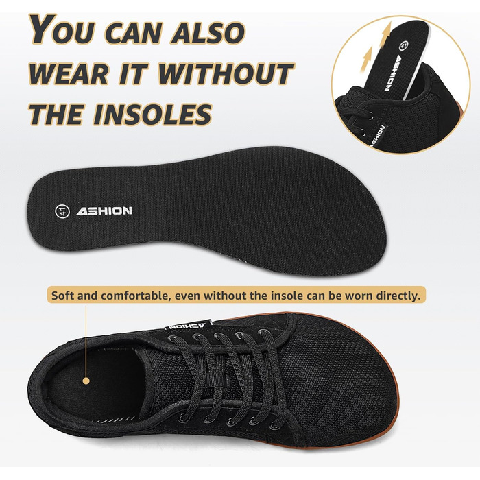ASHION Взуття для ходьби та бігу без шкарпеток (44 EU, широкі, чорні)