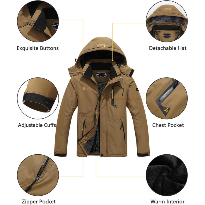 Чоловіча лижна куртка Berg Windbreaker, тепла зимова, непромокальна, для сноуборду та катання на лижах, з капюшоном, коричнева, XXL