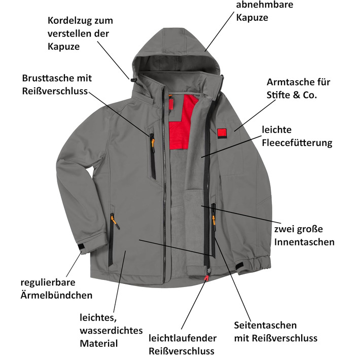 Чоловіча легка куртка Softshell водонепроникна та дихаюча, outdoor-куртка з відстібним капюшоном, вітрозахисна еластична куртка для походів та роботи, сіра, розмір 3XL