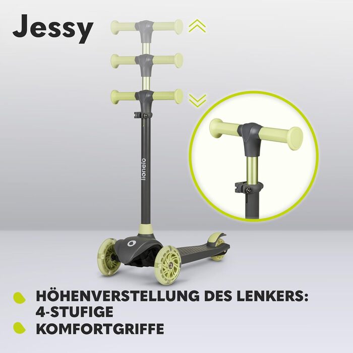 Дитячий триколісний самокат LIONELO Jessy Premium з LED-підсвіткою коліс, регулюванням висоти та складаним корпусом, зелений (до 50 кг, для дітей від 3 років)