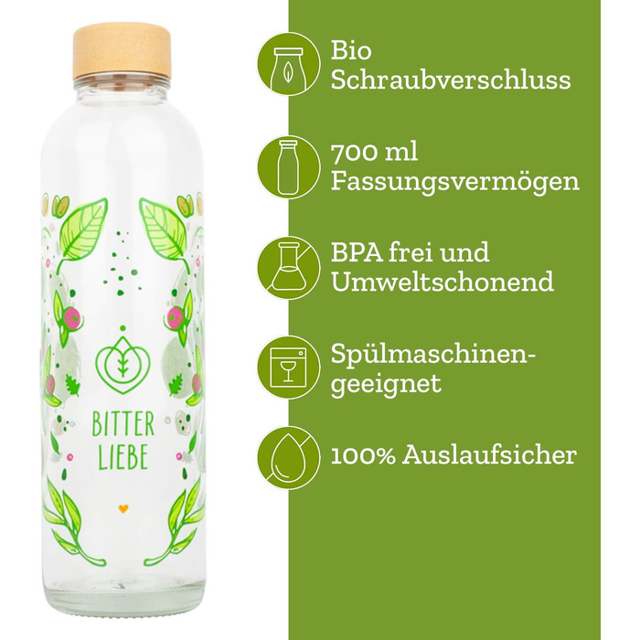Скляна пляшка для напоїв Bitterliebe 700 мл, 100% BPA-free, з біо-кришкою, герметична, для води, для спорту, підходить для посудомийної машини