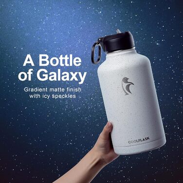 Термос пляшка Coolflask 2 л із нержавіючої сталі з трубочкою та 3 кришками, вакуумна ізоляція, спортивна пляшка для води, біла Starry White, 2000 мл, для спорту та подорожей