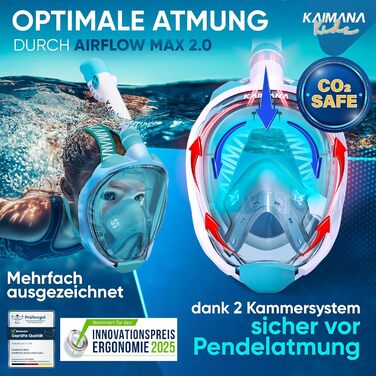 Маска для снорклінгу KAIMANA® повного обличчя: для дорослих та дітей, безпечна від CO2, з сумкою, бірюзова
