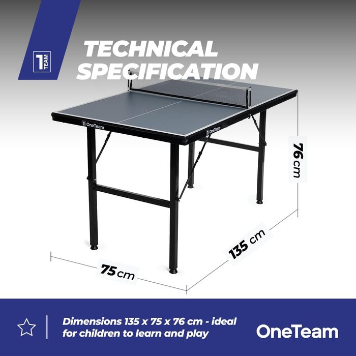 Стол для пінг-понгу OneTeam для гри в приміщенні з сіткою та складними панелями, 2 відділення для м'ячів та ракеток, транспортні ролики з фіксацією (OT-MTI-01)