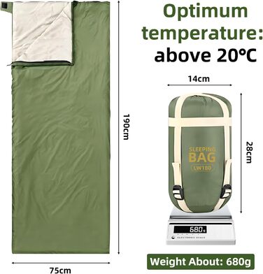 Легкий літній спальний мішок, 680г, 190 x 75 см, компактний, для кемпінгу