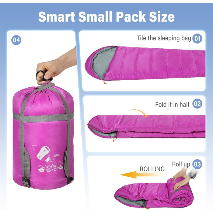 Сплячий мішок для дітей REDCAMP 175x65 см, рожевий. Теплий, зручний, регульований, для кемпінгу та відпочинку на природі. 3-сезонний