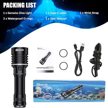 Ліхтар під водою Genwiss 2000 Люмен, IPX8, акумуляторний, для дайвінгу та снорклінгу