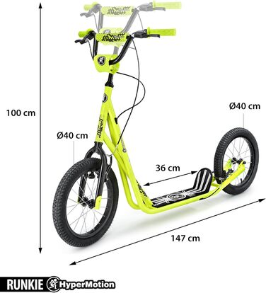 Самокат HyperMotion Runkie для дорослих і підлітків, міський трюковий самокат із великими надувними колесами 16'' (40 см), жовтий