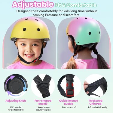 Набір Kinderhel 7-в-1: наколінники, налокітники, захист зап'ястя та шлем для скейтбордингу, велосипеда, самокату (S, жовто-рожево-зелений)