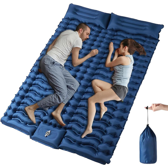 Саморозкладальний килимок для кемпінгу YuanDiann 200x140 см на 2 особи, ультралегкий, з помпою та подушкою, блакитний