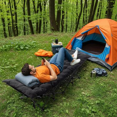 Лежанка туристична складна LEADZM з матрацом, 190x71x36 см, сталевий каркас, чорна