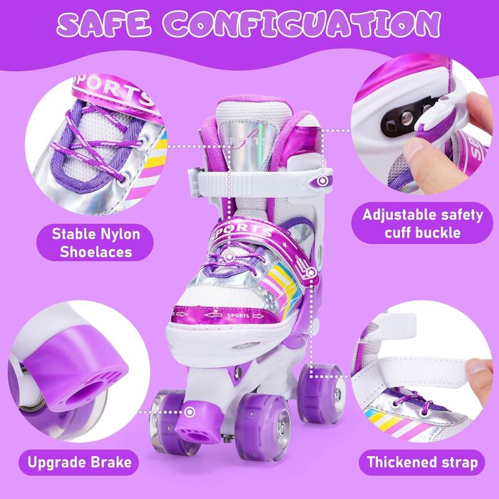 Дитячі ролики Kinder з регулюванням, 8 світлодіодних коліс, ролики Quad для дівчаток та хлопчиків, для початківців, внутрішнє та зовнішнє використання (S (EU28-32), фіолетовий)