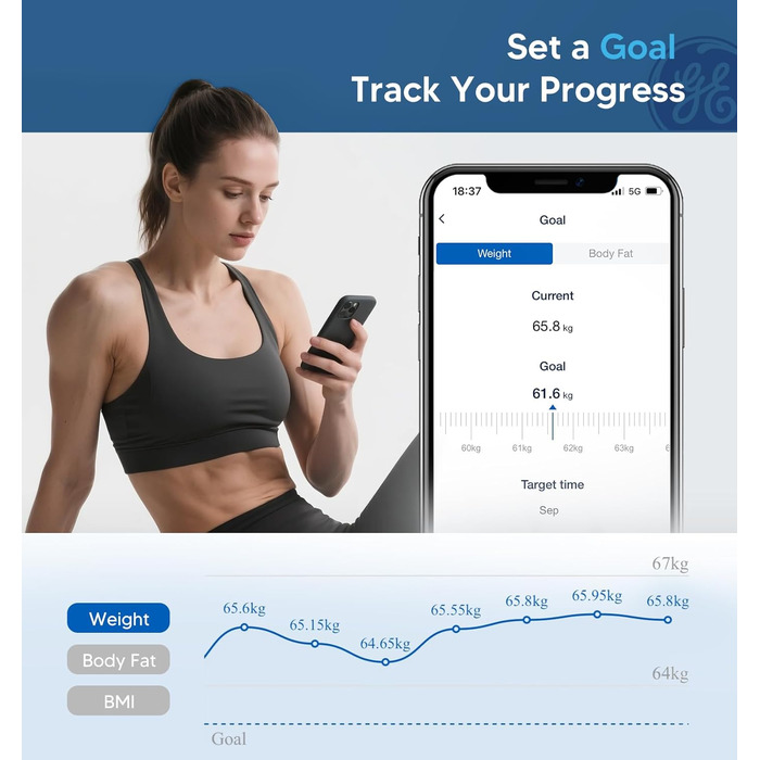 Розумні ваги GE для тіла: аналізатор складу тіла (жир, м'язи, BMI), Bluetooth, 180 кг, великий дисплей