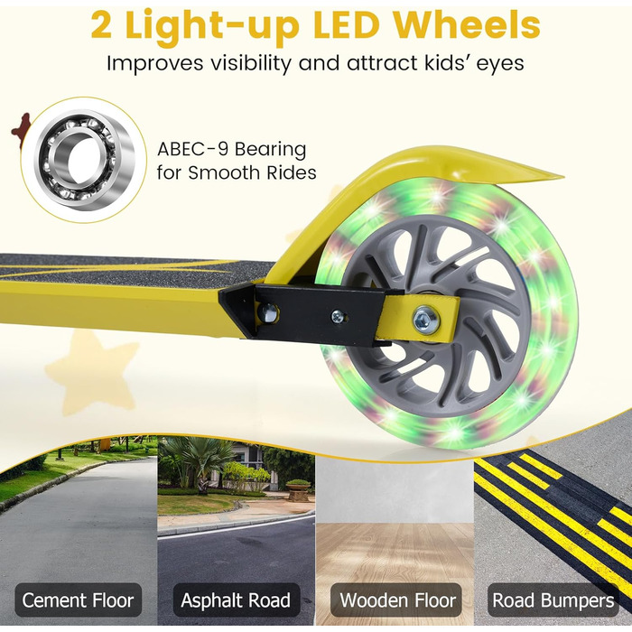 Самокат дитячий Gymax складний з LED колесами, до 70 кг, регульована висота, для хлопчиків та дівчаток від 4 років, жовтий