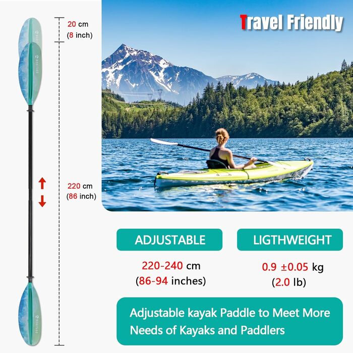 Двійне весло для каяка та каное, регульоване 220-240 см, карбоновий стрижень, лопаті з поліпропілену, океанічний синьо-зелений
